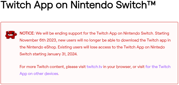 Anuncio de descontinuación de la aplicación oficial de Twitch para Nintendo Switch