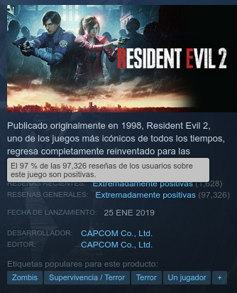 Valoración de Resident Evil 2 remake por parte de los usuarios de Steam