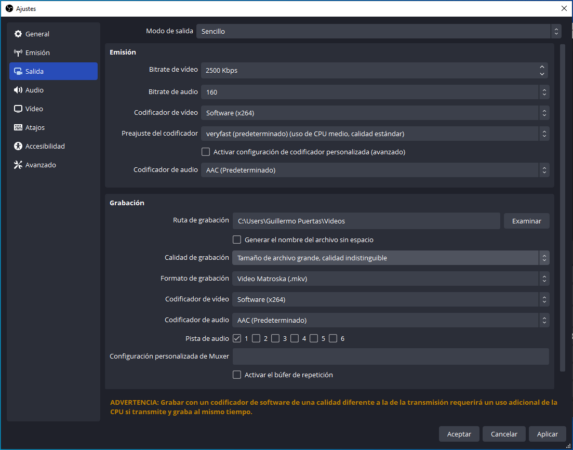 Sección que permite elegir el codificador o renderizador x264 en la configuración sencilla de OBS Studio