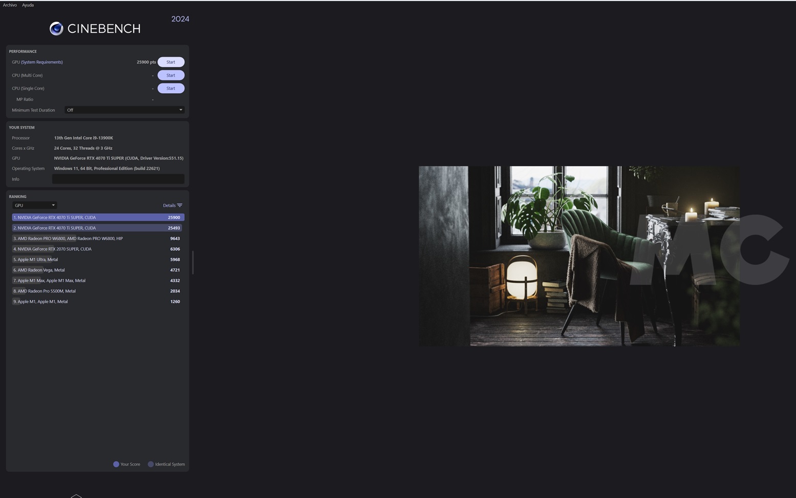 GIGABYTE GeForce RTX 4070 Ti SUPER GAMING OC rendimiento en Cinebench 2024