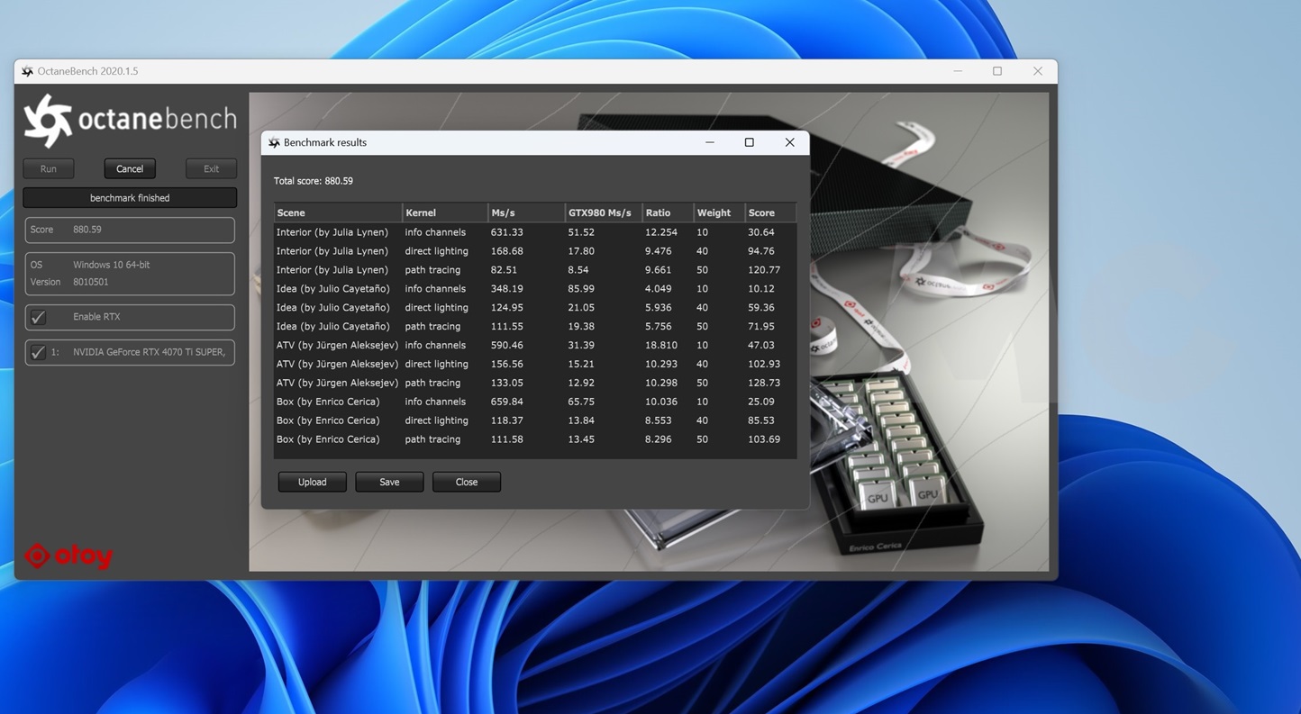 Rendimiento de la GIGABYTE GeForce RTX 4070 Ti SUPER GAMING OC en Octanebench