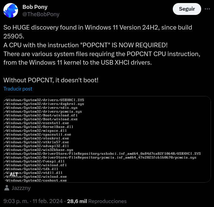 Mensaje de X/Twitter con la indicación de que la compilación 25905 de Windows 11 requiere que el procesador soporte la instrucción POPCNT para arrancar