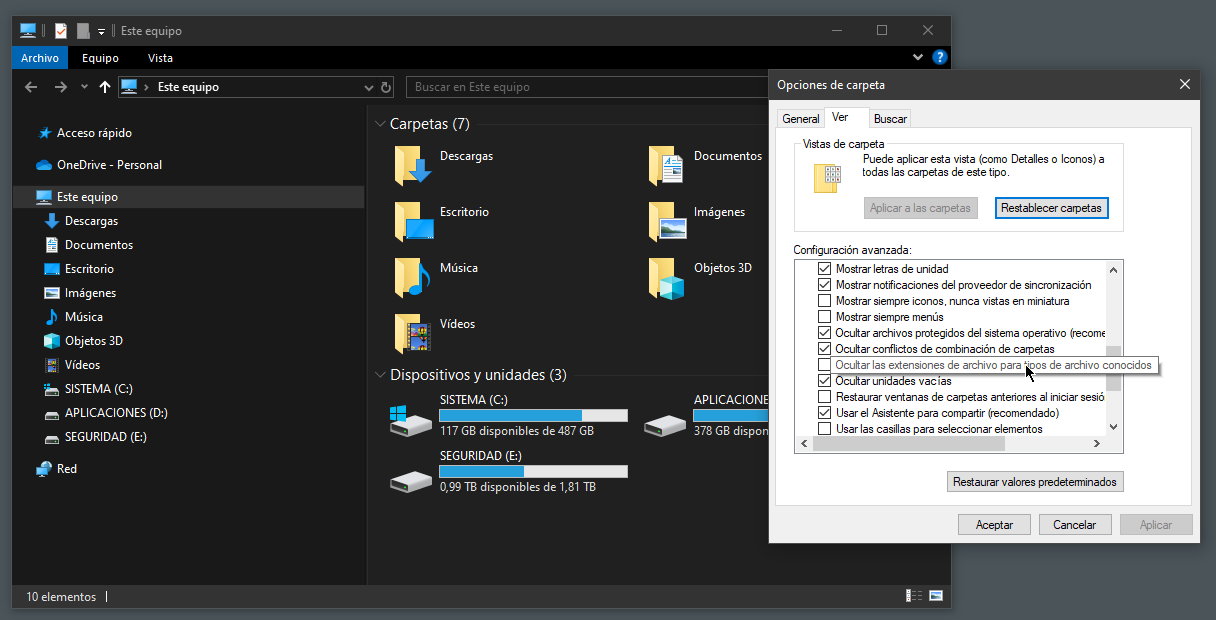 extensiones de archivos en Windows