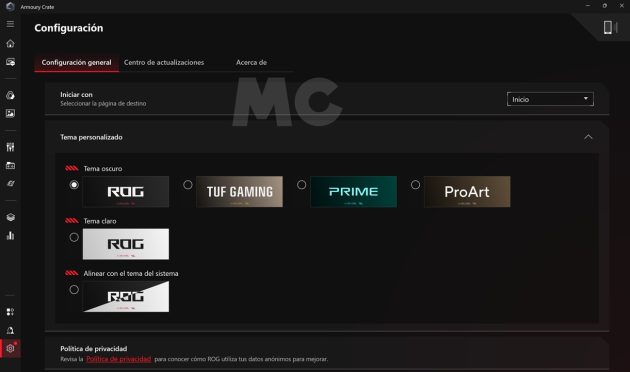 ASUS ROG FLOW Z13 interfaz ASUS ROG Armoury Crate