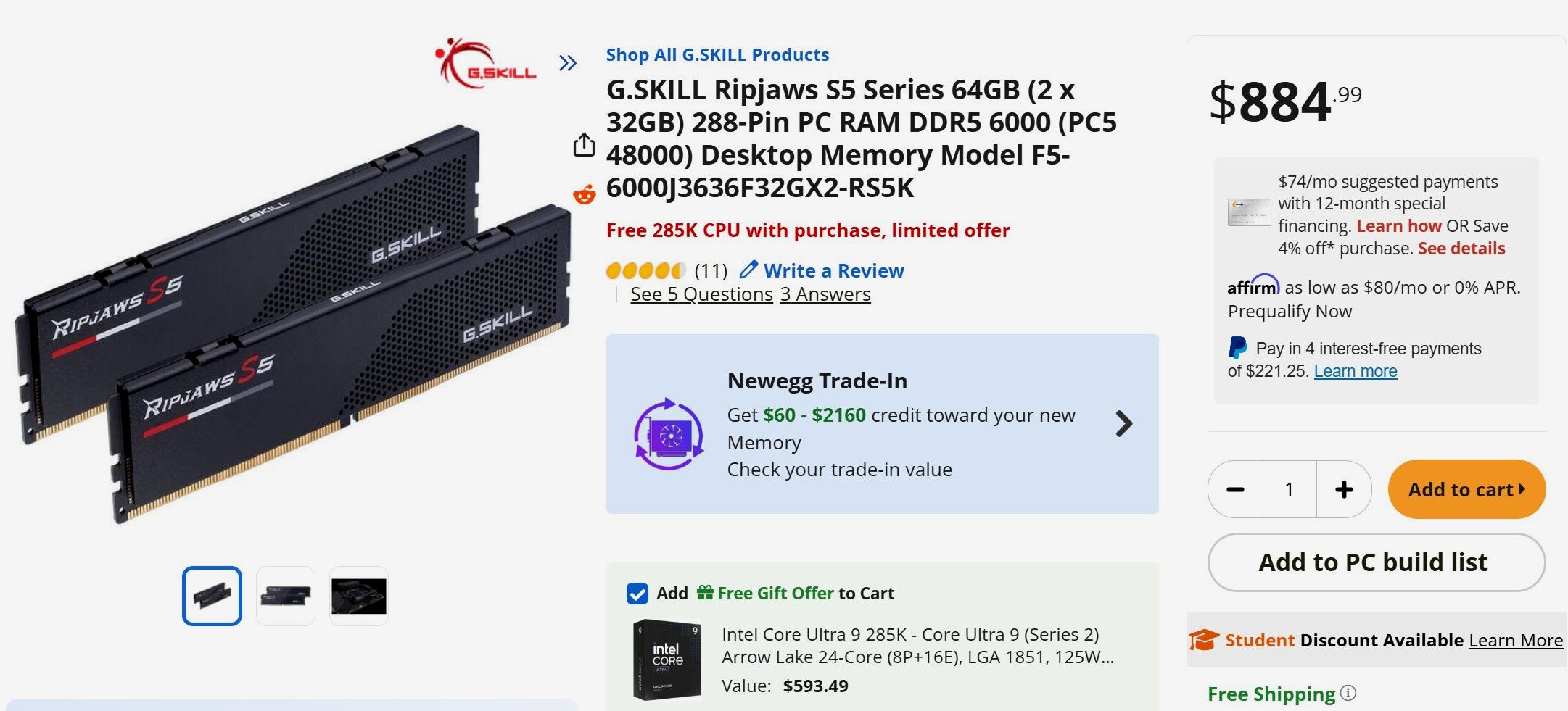 kit de ddr5 con cpu intel core ultra 9 285k gratis