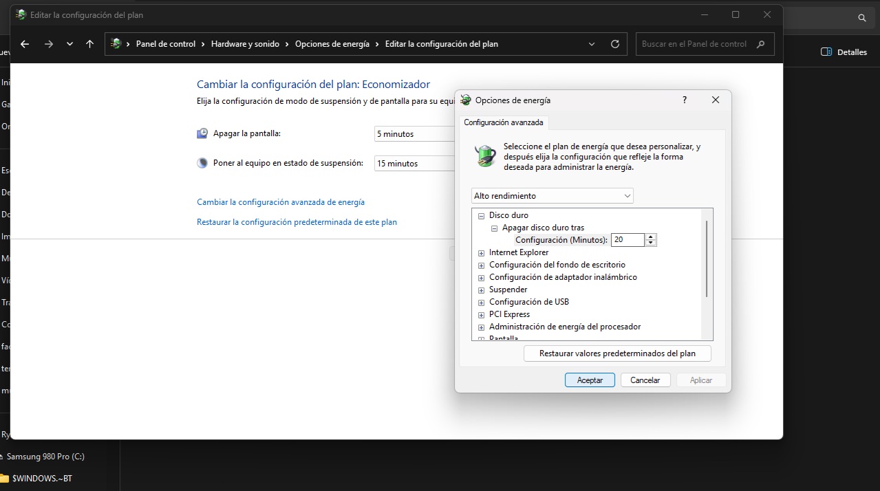 rendimiento plan de energía