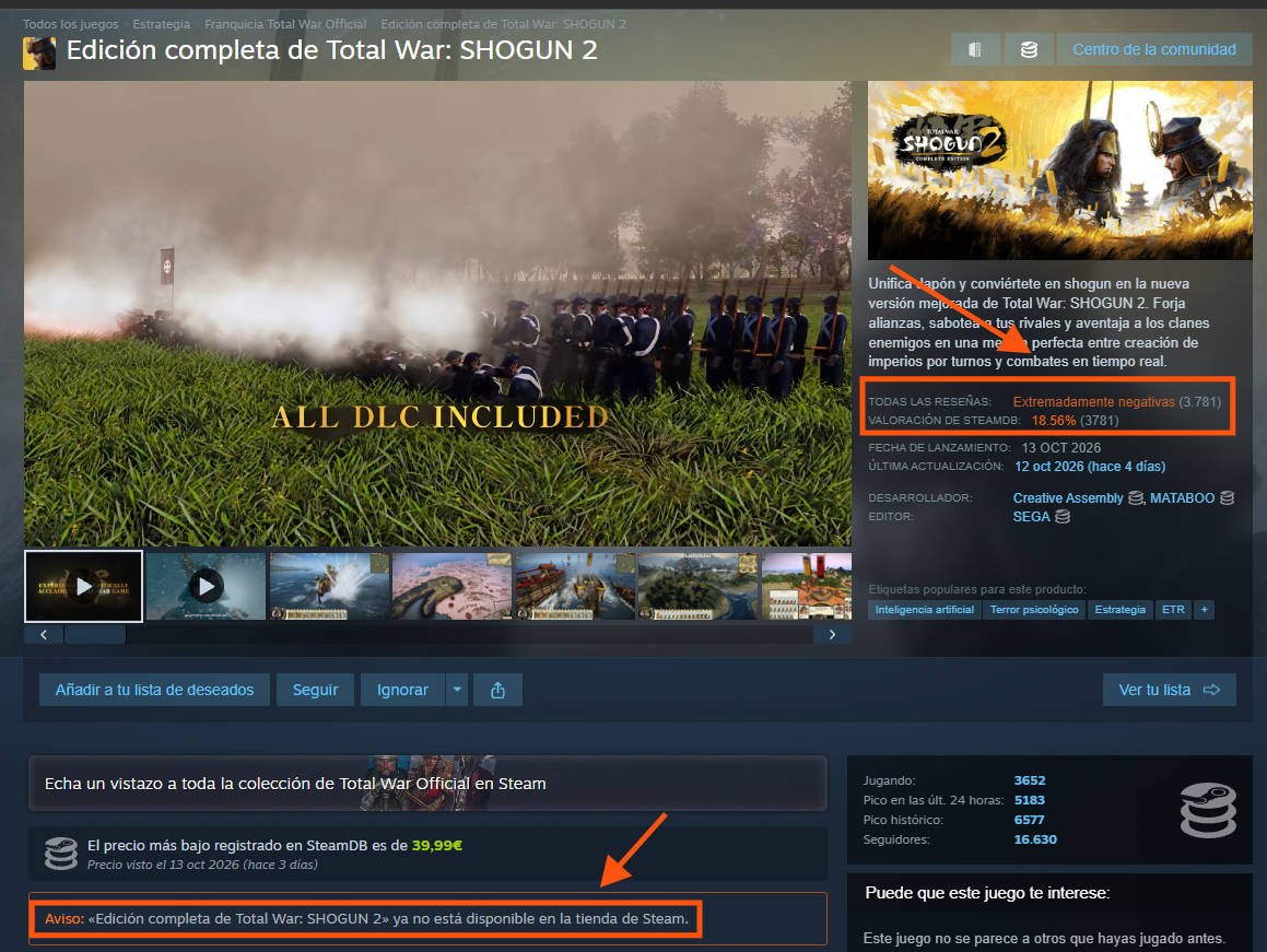 Total War: Shogun 2 necesitó dos días para recuperar el original